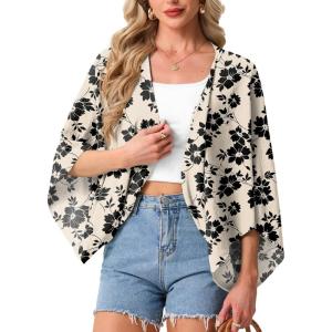 image:imageGRECERELLE Womens Summer Lightweight Cardigan Open Front Casual Loose Cropped Kimono Cover UpsKhaki Black Flower