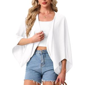 image:imageGRECERELLE Womens Summer Lightweight Cardigan Open Front Casual Loose Cropped Kimono Cover UpsWhite