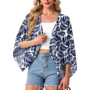 image:imageGRECERELLE Womens Summer Lightweight Cardigan Open Front Casual Loose Cropped Kimono Cover UpsWhite Palm Leaf