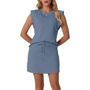 image:imageGRECERELLE 2026 Womens Summer 2 Piece Skort Set Cap Sleeve Round Neck Top amp Tennis Skirt with Pockets for Athletic amp CasualDenim Blue
