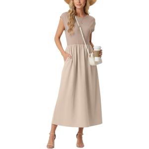 image:imageGRECERELLE Womens 2026 Spring amp Summer Cap Sleeve Vacation Casual A Line Maxi Dresses with PocketsGray Khaki