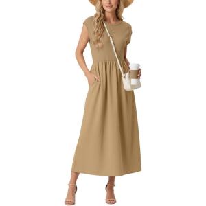 image:imageGRECERELLE Womens 2026 Spring amp Summer Cap Sleeve Vacation Casual A Line Maxi Dresses with PocketsKhaki