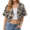 image:imageGRECERELLE Womens Summer Lightweight Cropped Cardigan Shrug Short Sleeve Open Front Casual Bolero Cover UpsKhaki Black Flower