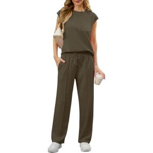 image:imageGRECERELLE 2 Piece Sets For Women Summer 2026 Outfits Lounge Sets Sleeveless Sweatsuits Wide Leg Tracksuits With PocketsArmy Green
