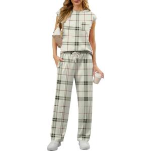 image:imageGRECERELLE 2 Piece Sets For Women Summer 2026 Outfits Lounge Sets Sleeveless Sweatsuits Wide Leg Tracksuits With PocketsFpbeige Red Plaid