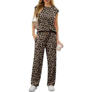 image:imageGRECERELLE 2 Piece Sets For Women Summer 2026 Outfits Lounge Sets Sleeveless Sweatsuits Wide Leg Tracksuits With PocketsFpleopard Khaki