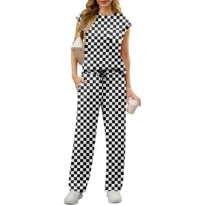 image:imageGRECERELLE 2 Piece Sets For Women Summer 2026 Outfits Lounge Sets Sleeveless Sweatsuits Wide Leg Tracksuits With PocketsFpwhite Black Plaid