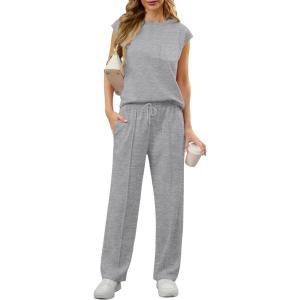 image:imageGRECERELLE 2 Piece Sets For Women Summer 2026 Outfits Lounge Sets Sleeveless Sweatsuits Wide Leg Tracksuits With PocketsGrey