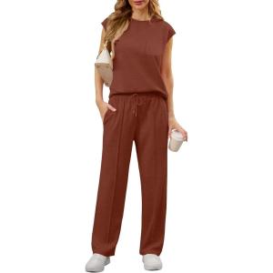 image:imageGRECERELLE 2 Piece Sets For Women Summer 2026 Outfits Lounge Sets Sleeveless Sweatsuits Wide Leg Tracksuits With PocketsRust Red