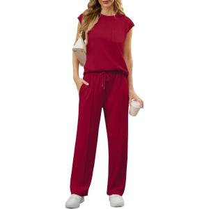 image:imageGRECERELLE 2 Piece Sets For Women Summer 2026 Outfits Lounge Sets Sleeveless Sweatsuits Wide Leg Tracksuits With PocketsWine Red