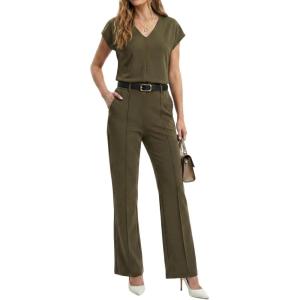 image:imageGRECERELLE 2026 Womens Spring amp Summer Casual 2 Piece Set  VNeck Top amp WrinkleFree Pants With PocketsArmy Green