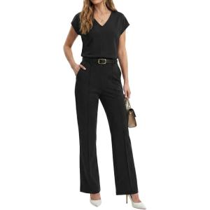 image:imageGRECERELLE 2026 Womens Spring amp Summer Casual 2 Piece Set  VNeck Top amp WrinkleFree Pants With PocketsBlack