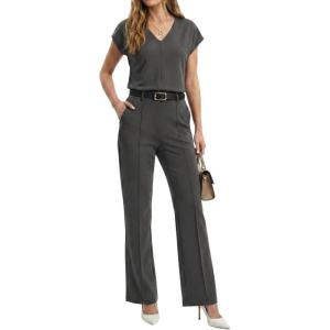 image:imageGRECERELLE 2026 Womens Spring amp Summer Casual 2 Piece Set  VNeck Top amp WrinkleFree Pants With PocketsDark Gray