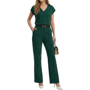 image:imageGRECERELLE 2026 Womens Spring amp Summer Casual 2 Piece Set  VNeck Top amp WrinkleFree Pants With PocketsDark Green