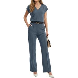 image:imageGRECERELLE 2026 Womens Spring amp Summer Casual 2 Piece Set  VNeck Top amp WrinkleFree Pants With PocketsDenim Blue