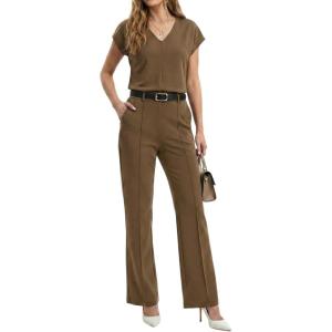 image:imageGRECERELLE 2026 Womens Spring amp Summer Casual 2 Piece Set  VNeck Top amp WrinkleFree Pants With PocketsLight Coffee
