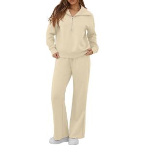 image:imageGRECERELLE Lounge Sets For Women 2026 Casual Lapel Half Zip Sweatshirt And Wide Leg Sweatpant 2 Piece Outfits Tracksuit SetsApricot