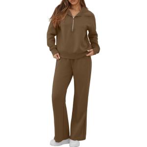 image:imageGRECERELLE Lounge Sets For Women 2026 Casual Lapel Half Zip Sweatshirt And Wide Leg Sweatpant 2 Piece Outfits Tracksuit SetsBrown