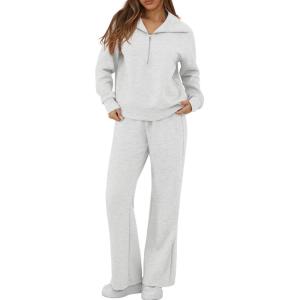 image:imageGRECERELLE Lounge Sets For Women 2026 Casual Lapel Half Zip Sweatshirt And Wide Leg Sweatpant 2 Piece Outfits Tracksuit SetsHeather Grey