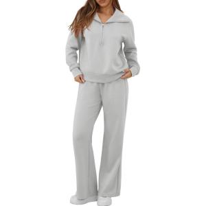 image:imageGRECERELLE Lounge Sets For Women 2026 Casual Lapel Half Zip Sweatshirt And Wide Leg Sweatpant 2 Piece Outfits Tracksuit SetsLight Gray
