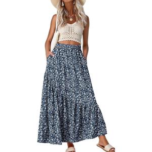 image:imageGRECERELLE Womens Boho Maxi Skirt High Waist Pleated ALine Flowy Swing Asymmetric Tiered Long Skirts with PocketsBlue White Flower