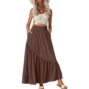 image:imageGRECERELLE Womens Boho Maxi Skirt High Waist Pleated ALine Flowy Swing Asymmetric Tiered Long Skirts with PocketsBrown