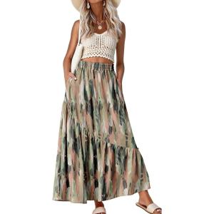 image:imageGRECERELLE Womens Boho Maxi Skirt High Waist Pleated ALine Flowy Swing Asymmetric Tiered Long Skirts with PocketsCamou Green Pink