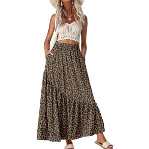 image:imageGRECERELLE Womens Boho Maxi Skirt High Waist Pleated ALine Flowy Swing Asymmetric Tiered Long Skirts with PocketsLd Khaki