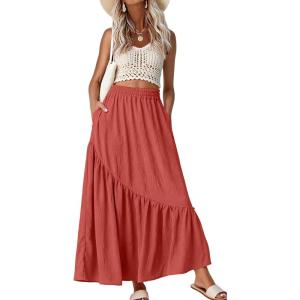 image:imageGRECERELLE Womens Boho Maxi Skirt High Waist Pleated ALine Flowy Swing Asymmetric Tiered Long Skirts with PocketsLiving Coral