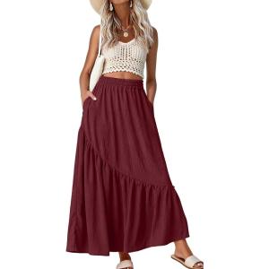 image:imageGRECERELLE Womens Boho Maxi Skirt High Waist Pleated ALine Flowy Swing Asymmetric Tiered Long Skirts with PocketsWine Red