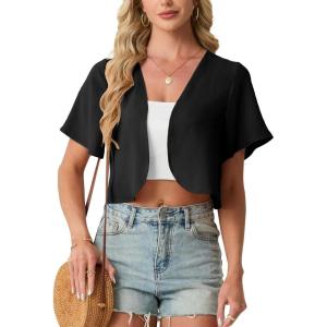 image:imageGRECERELLE Womens Summer Lightweight Cropped Cardigan Shrug Short Sleeve Open Front Casual Bolero Cover UpsBlack