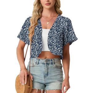 image:imageGRECERELLE Womens Summer Lightweight Cropped Cardigan Shrug Short Sleeve Open Front Casual Bolero Cover UpsBlue White Flower