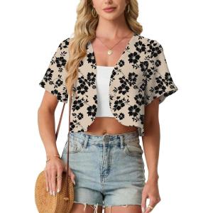image:imageGRECERELLE Womens Summer Lightweight Cropped Cardigan Shrug Short Sleeve Open Front Casual Bolero Cover UpsKhaki Black Flower
