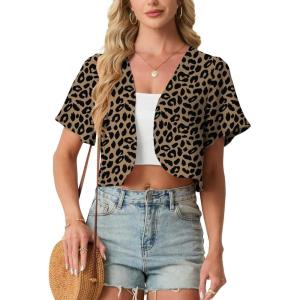 image:imageGRECERELLE Womens Summer Lightweight Cropped Cardigan Shrug Short Sleeve Open Front Casual Bolero Cover UpsLd Dark Khaki