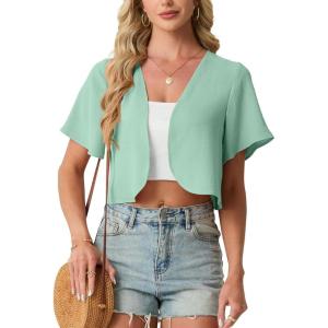 image:imageGRECERELLE Womens Summer Lightweight Cropped Cardigan Shrug Short Sleeve Open Front Casual Bolero Cover UpsMint Green