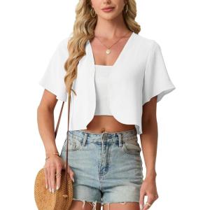 image:imageGRECERELLE Womens Summer Lightweight Cropped Cardigan Shrug Short Sleeve Open Front Casual Bolero Cover UpsWhite