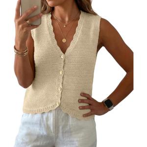 image:imageGRECERELLE Womens Summer Sleeveless Sweater Vest  100 Cotton V Neck Knit Button Down Casual Tank TopsBeige