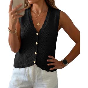 image:imageGRECERELLE Womens Summer Sleeveless Sweater Vest  100 Cotton V Neck Knit Button Down Casual Tank TopsBlack