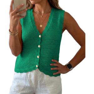 image:imageGRECERELLE Womens Summer Sleeveless Sweater Vest  100 Cotton V Neck Knit Button Down Casual Tank TopsBright Green