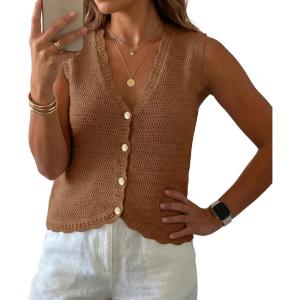 image:imageGRECERELLE Womens Summer Sleeveless Sweater Vest  100 Cotton V Neck Knit Button Down Casual Tank TopsBrown