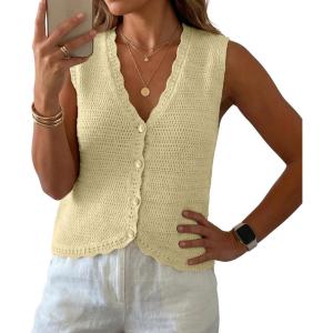 image:imageGRECERELLE Womens Summer Sleeveless Sweater Vest  100 Cotton V Neck Knit Button Down Casual Tank TopsButter Yellow