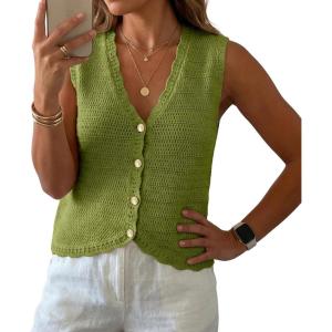 image:imageGRECERELLE Womens Summer Sleeveless Sweater Vest  100 Cotton V Neck Knit Button Down Casual Tank TopsDill Green