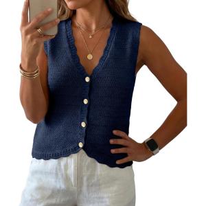 image:imageGRECERELLE Womens Summer Sleeveless Sweater Vest  100 Cotton V Neck Knit Button Down Casual Tank TopsNavy Blue