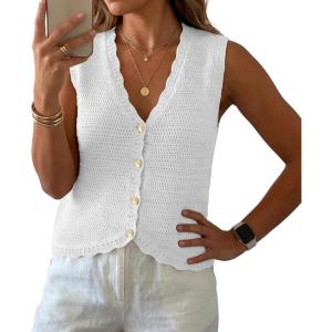 image:imageGRECERELLE Womens Summer Sleeveless Sweater Vest  100 Cotton V Neck Knit Button Down Casual Tank TopsWhite