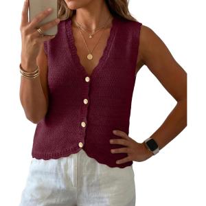 image:imageGRECERELLE Womens Summer Sleeveless Sweater Vest  100 Cotton V Neck Knit Button Down Casual Tank TopsWine Red