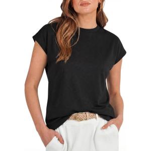image:imageGRECERELLE Womens Summer Tops Cap Sleeve Basic Tee Shirts Casual Tank Top Loose Crew Neck 2026 Trendy Clothes S2XLAblack