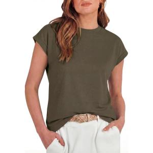 image:imageGRECERELLE Womens Summer Tops Cap Sleeve Basic Tee Shirts Casual Tank Top Loose Crew Neck 2026 Trendy Clothes S2XLArmy Green