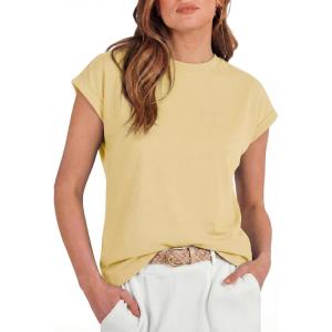 image:imageGRECERELLE Womens Summer Tops Cap Sleeve Basic Tee Shirts Casual Tank Top Loose Crew Neck 2026 Trendy Clothes S2XLButter Yellow