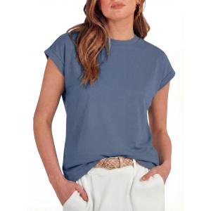 image:imageGRECERELLE Womens Summer Tops Cap Sleeve Basic Tee Shirts Casual Tank Top Loose Crew Neck 2026 Trendy Clothes S2XLDenim Blue
