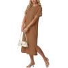 image:imageGRECERELLE Womens Short Sleeve Loose Fit Midi Long Dress  WrinkleFree Crewneck Split for Work Travel Casual VersatileCamel